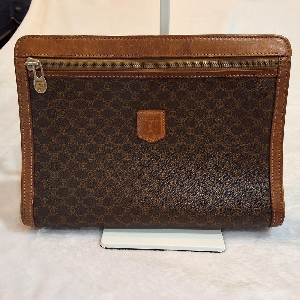 Celine Brown Monogram Clutch with Leather Accents
